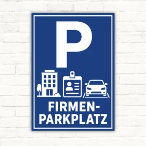 Blaues Firmenparkplatz Schild mit großem P, Symbolen für Gebäude, Ausweis und Auto sowie dem Text FIRMEN-PARKPLATZ.