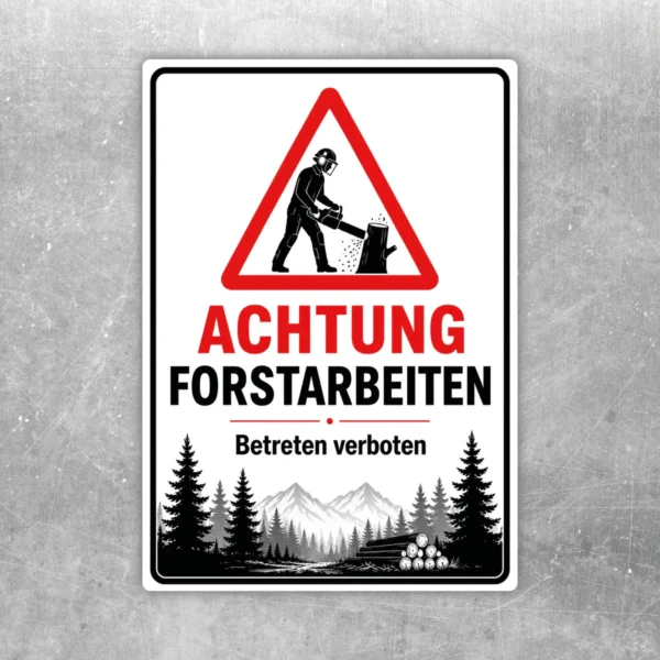 Achtung Forstarbeiten – Betreten verboten Aufkleber mit Warnsymbol, Motorsägenmotiv und Waldgrafik in Rot, Schwarz und Weiß.