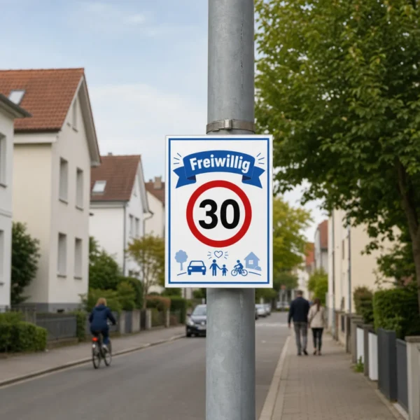 KI-generiertes Anwendungsbeispiel: Freiwillig 30 langsam fahren Schild an einer Hofeinfahrt, damit Besucher auf dem Privatgelände langsamer fahren.