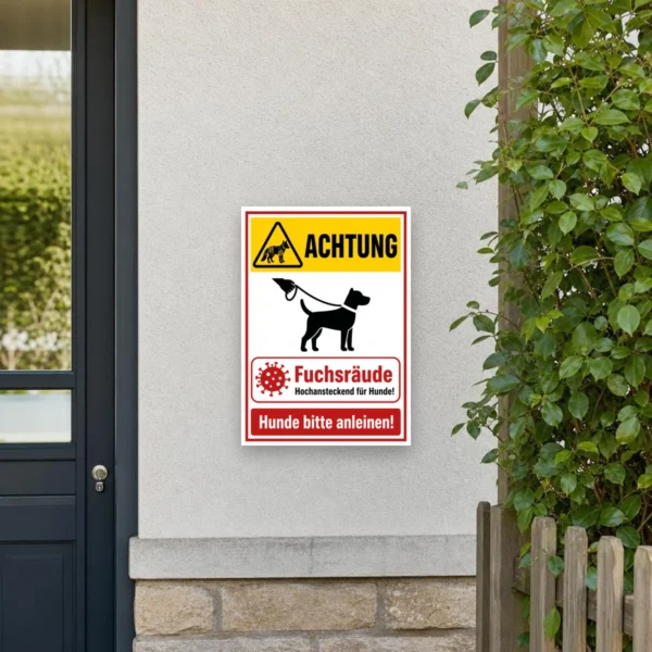 KI-generiertes Anwendungsbeispiel: Bedrucktes Warnschild mit Fuchsräude-Hinweis und Hund an der Leine, Text „Hunde bitte anleinen!“.