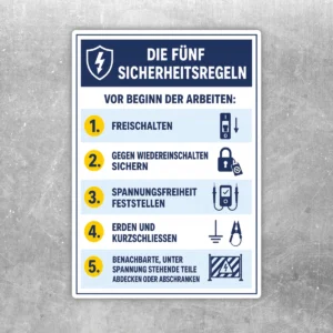 Warnaufkleber Die fünf Sicherheitsregeln Elektrotechnik in Hochformat mit blauer Kopfzeile, gelben Nummern und klaren Sicherheitssymbolen.