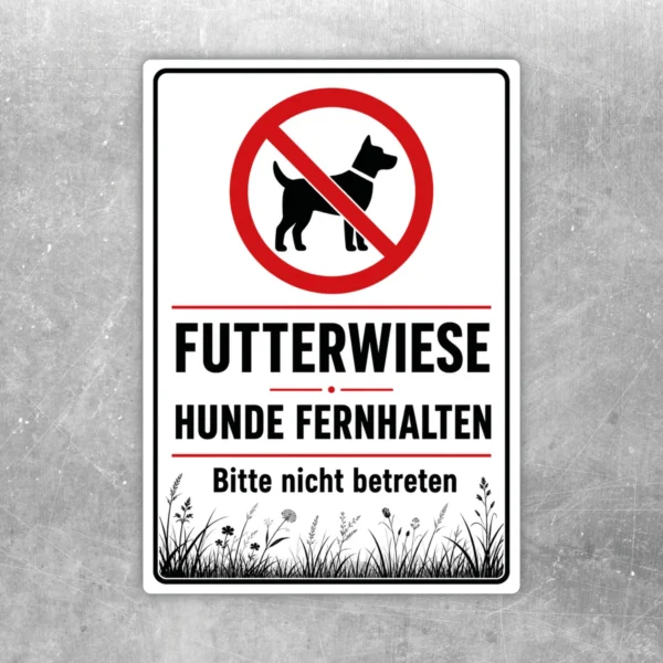 Hundeverbotsschild Futterwiese Aufkleber mit rotem Verbotssymbol, Hundepiktogramm und dem Text „Hunde fernhalten, bitte nicht betreten“.