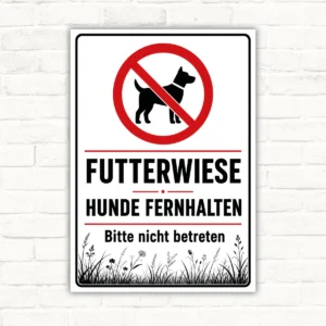 Hundeverbotsschild Futterwiese mit durchgestrichenem Hund und dem Text „Hunde fernhalten, Bitte nicht betreten“ auf weißem Schild.