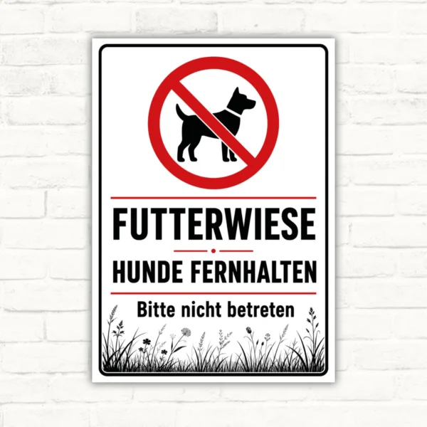 Hundeverbotsschild Futterwiese mit durchgestrichenem Hund und dem Text „Hunde fernhalten, Bitte nicht betreten“ auf weißem Schild.