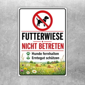 Futterwiese nicht betreten Aufkleber mit Hundeverbotssymbol, klarer Hinweis für Landwirtschaft und sensible Wiesenflächen.