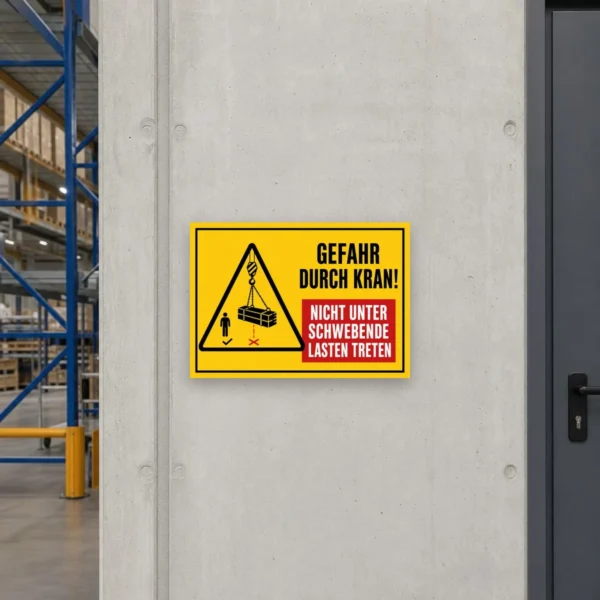 KI-generiertes Anwendungsbeispiel: Warnschild Gefahr durch Kran! Nicht unter schwebende Lasten treten Aufkleber an einem Hallenbereich.