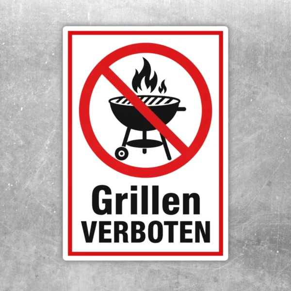 Grillen verboten Aufkleber mit rotem Verbotszeichen und Grillmotiv für Türen, Zugänge und Außenflächen.