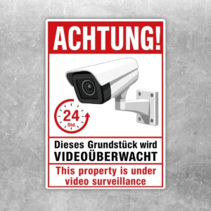 Videoüberwachungsschild Grundstück 24 Std. Aufkleber mit Kamera, rotem Warnrahmen und deutsch-englischem Hinweistext.