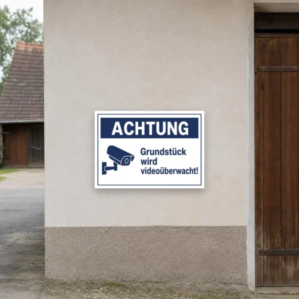 KI-generiertes Anwendungsbeispiel: Aufkleber mit Kamera-Symbol und dem Text „Achtung – Grundstück wird videoüberwacht“ am Hauseingang.