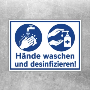 Aufkleber mit den Symbolen zum Händewaschen und Desinfizieren in Blau und Weiß mit gut lesbarem Hinweistext.
