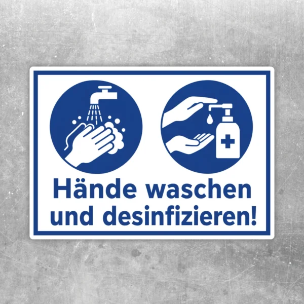 Aufkleber mit den Symbolen zum Händewaschen und Desinfizieren in Blau und Weiß mit gut lesbarem Hinweistext.