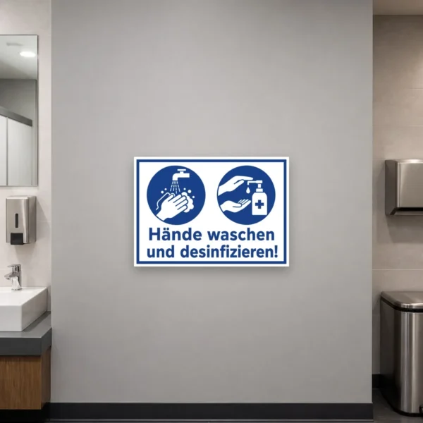 KI-generiertes Anwendungsbeispiel: Aufkleber Hände waschen und desinfizieren in Blau und Weiß als Hygienehinweis an glatter Fläche.