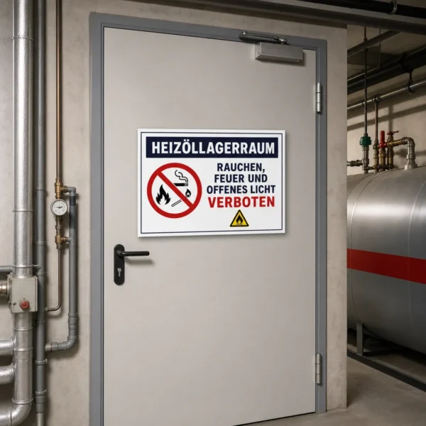 KI-generiertes Anwendungsbeispiel: Heizöllagerraum Aufkleber an einer Kellertür mit rotem Verbotszeichen und gut lesbarem Sicherheitstext.