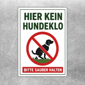 Aufkleber mit Hundeverbotsschild und dem Text Hier kein Hundeklo, in Rot, Grün, Schwarz und Weiß für Außenflächen.