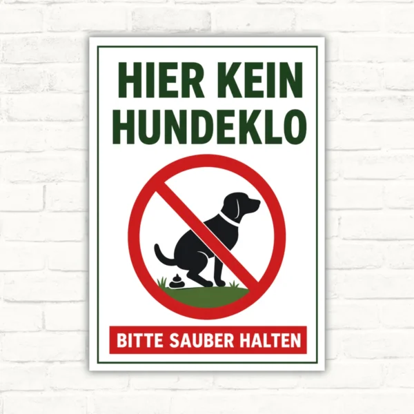 Hundeverbotsschild mit Text „Hier kein Hundeklo“ und „Bitte sauber halten“, rotem Verbotssymbol und Hundemotiv.