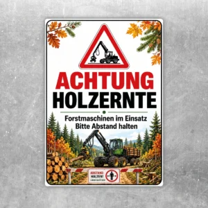 Achtung Holzernte Aufkleber mit Forstmaschine, Warnsymbol und Waldmotiv für den Einsatz im Forstbereich.