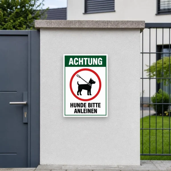 KI-generiertes Anwendungsbeispiel: Hunde bitte anleinen Schild an einem Gartenzaun, mit klarem Motiv und gut lesbarem Hinweistext.