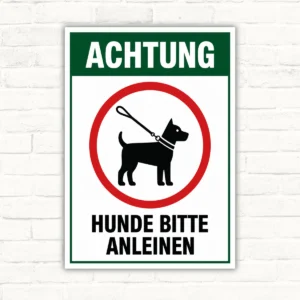 Hunde bitte anleinen Schild mit Hundemotiv, grünem Achtung-Kopf und rotem Oval als Hinweisschild aus Aluminium-Verbundplatte.