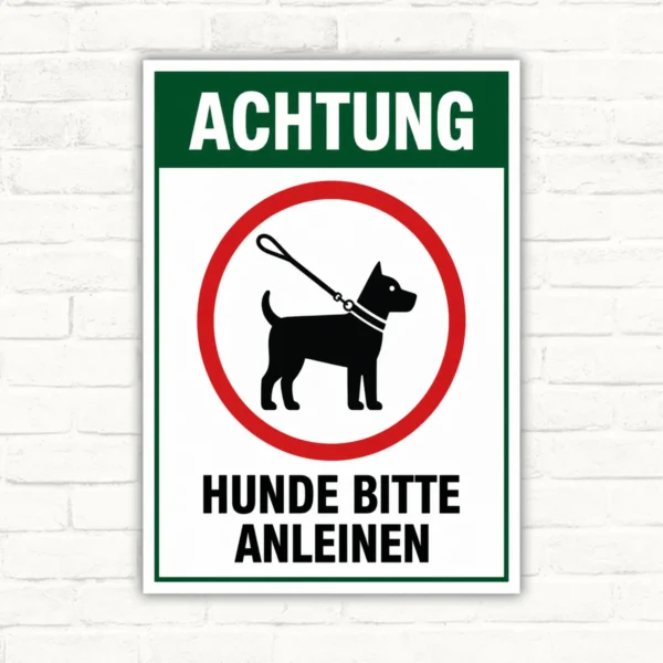 Hunde bitte anleinen Schild mit Hundemotiv, grünem Achtung-Kopf und rotem Oval als Hinweisschild aus Aluminium-Verbundplatte.