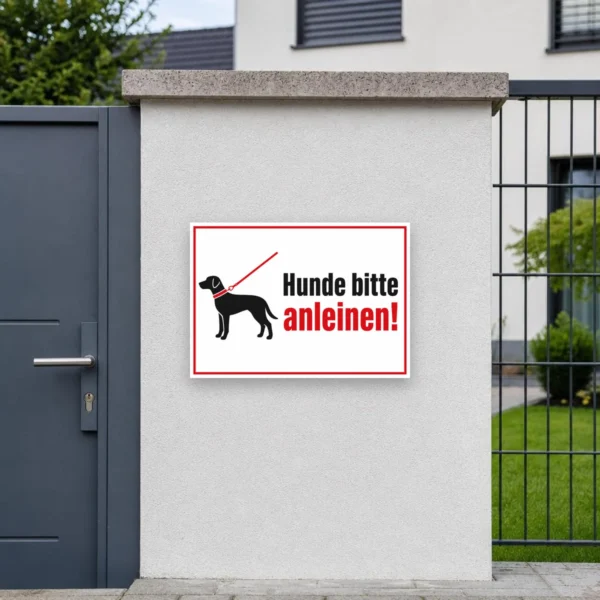 KI-generiertes Anwendungsbeispiel: Hunde bitte anleinen Schild mit Hund an der Leine, schwarzer Silhouette und rotem Text auf weißem Schild.