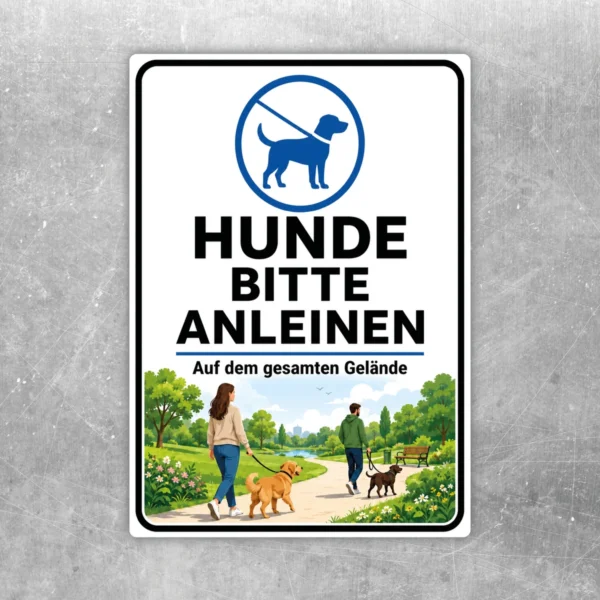 Hunde bitte anleinen Aufkleber mit blauem Verbotssymbol, großem Text und Zusatzhinweis für das gesamte Gelände.