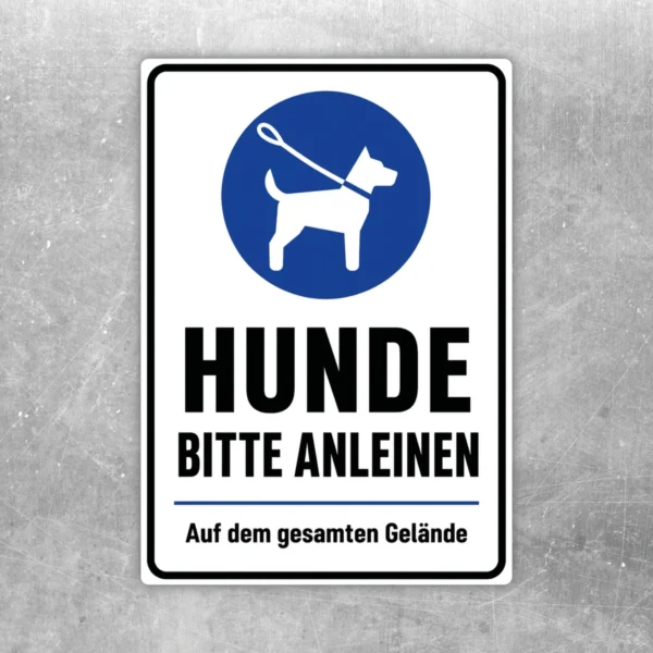 Hunde bitte anleinen Aufkleber mit blauem Piktogramm, weißer Hunde-Silhouette und schwarzem Text für das gesamte Gelände.