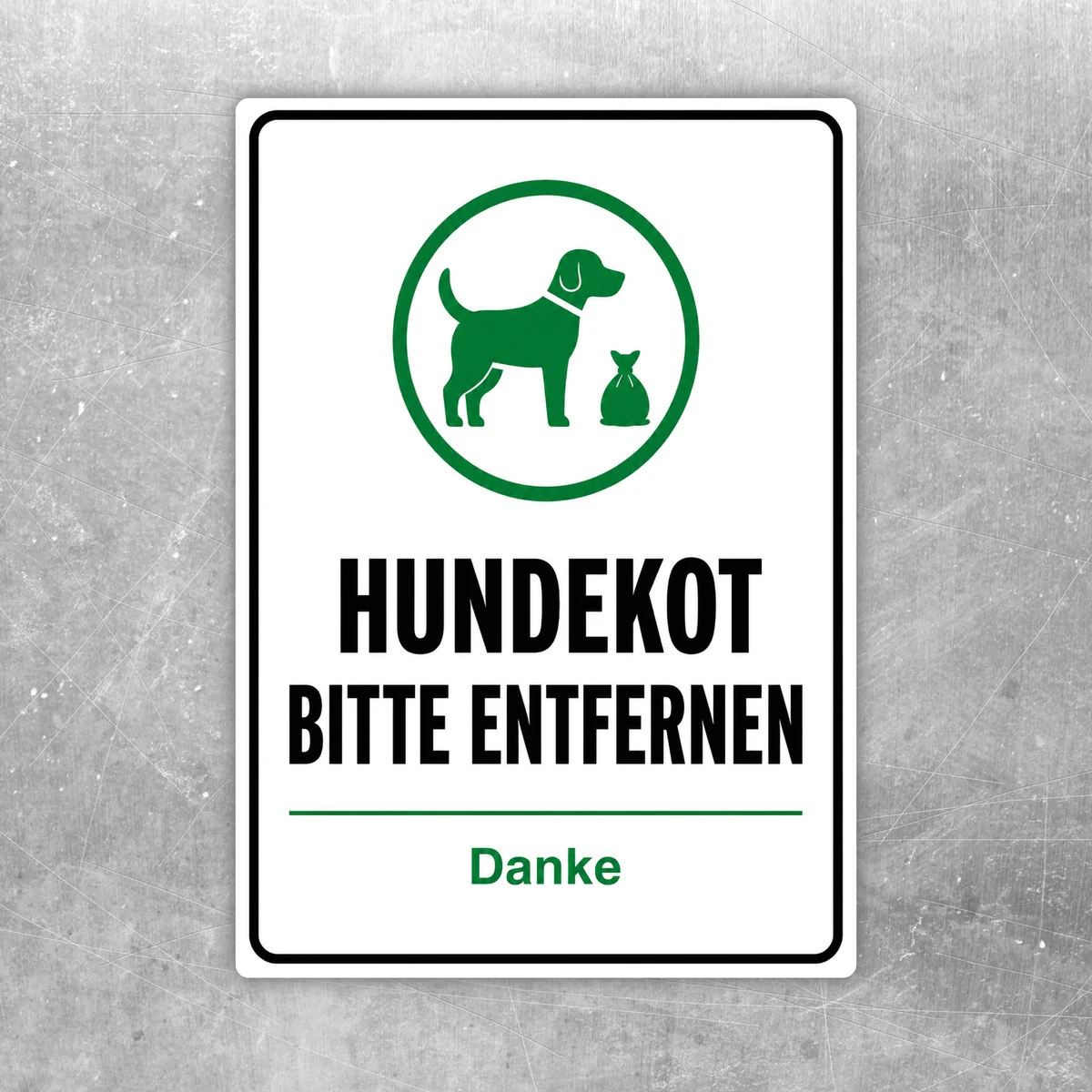Hundekot bitte entfernen Aufkleber mit grünem Hundesymbol, Kotbeutel-Icon und klarer Hinweisbotschaft auf weißem Hintergrund.