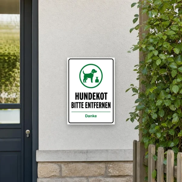 KI-generiertes Anwendungsbeispiel: Hundekot bitte entfernen Aufkleber an einem Zaun mit grünem Hundesymbol und höflichem Hinweistext.