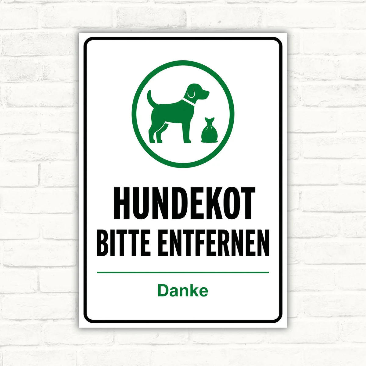 Hundekot bitte entfernen Schild mit grünem Hundesymbol, Kotbeutel und dem Text „Danke“ auf weißem Hintergrund.