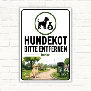 Hundekot bitte entfernen Schild mit Hund-und-Beutel-Motiv und großem Text für den Einsatz an Wegen und Grünflächen.