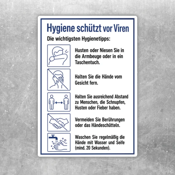 Hygiene schützt vor Viren Aufkleber mit Hygienetipps in Blau, Weiß und Schwarz für Türen und Eingänge.