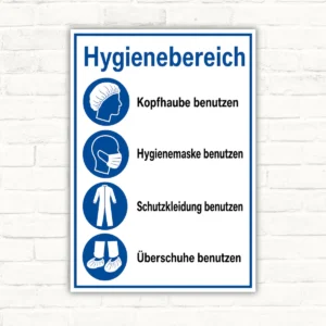 Hinweisschild Hygienebereich mit Piktogrammen für Kopfbedeckung, Maske, Schutzkleidung und Überschuhe.