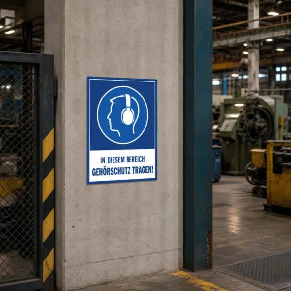 KI-generiertes Anwendungsbeispiel: Gehörschutz tragen Schild mit blau-weißem Piktogramm und Text für Werkstatt, Betrieb oder laute Arbeitsbereiche.