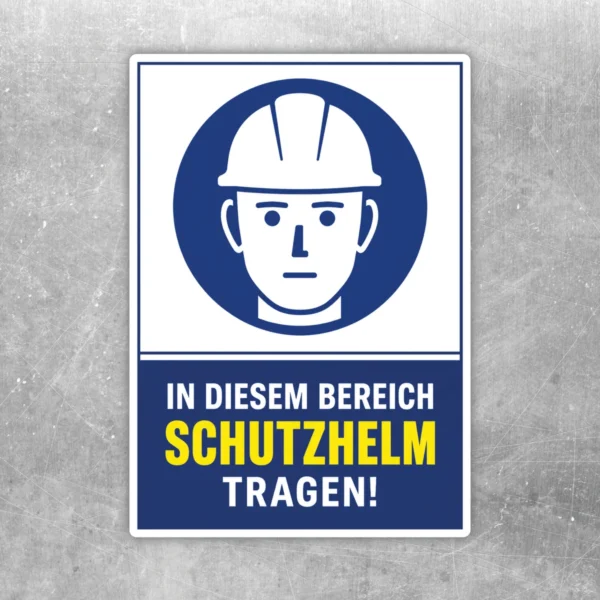 Schutzhelm tragen Aufkleber mit blauem Piktogramm und gelbem Hinweistext für Baustelle und Betrieb.