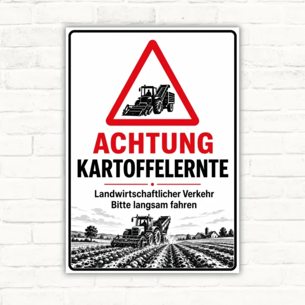 Achtung Kartoffelernte Schild mit Traktor-Motiv und dem Hinweis „Landwirtschaftlicher Verkehr – Bitte langsam fahren“ als Warnschild.