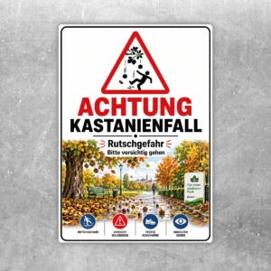 Warnaufkleber mit Kastanienfall und Rutschgefahr-Hinweis in roter Dreieckswarnung für den Außenbereich.