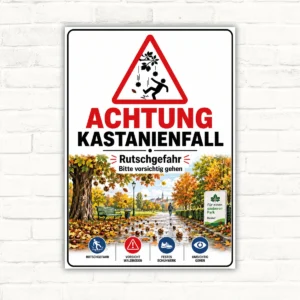 Warnschild Kastanienfall mit dem Text „Achtung Kastanienfall“ und Rutschgefahr-Hinweis als bedrucktes Schild.