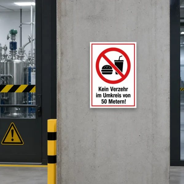 KI-generiertes Anwendungsbeispiel: Verbotsaufkleber mit rotem Symbol und Aufschrift Kein Verzehr im Umkreis von 50 Metern an einer Tür.