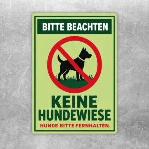 Hundeverbotsschild Keine Hundewiese Hunde bitte fernhalten Aufkleber in Grün, Rot und Schwarz auf hellgrünem Grund.