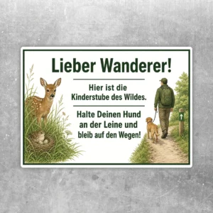 Hund anleinen Aufkleber mit Rehkitz, Wanderer und Hund an der Leine im Waldmotiv, querformatig und gut lesbar.