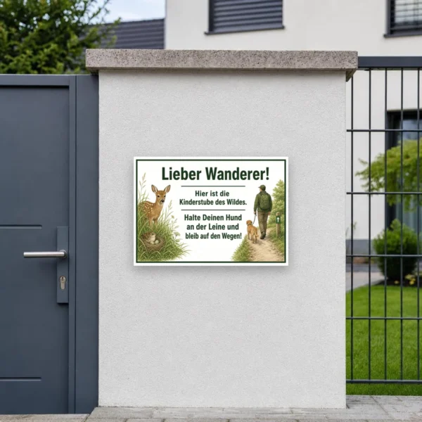 KI-generiertes Anwendungsbeispiel: Hund anleinen Schild mit Wildmotiv, Wanderer und Leinenhinweis für Waldweg und Naturbereich.
