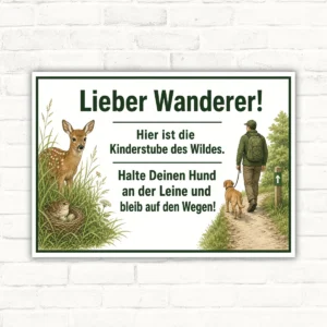 Hund anleinen Schild mit Wanderer, Rehkitz und Text „Hier ist die Kinderstube des Wildes“ als Querformat.
