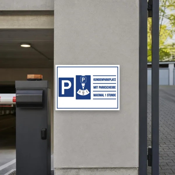 KI-generiertes Anwendungsbeispiel: Blau-weißes Kundenparkplatz-Schild mit Parkscheibe und dem Hinweis „maximal 1 Stunde“ im Querformat.
