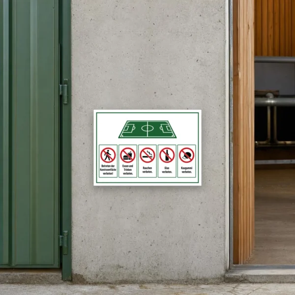 KI-generiertes Anwendungsbeispiel: Kunstrasenfläche Regeln und Verbote Schild als Hinweisschild am Sportplatz mit klaren Verbotssymbolen und Texten.