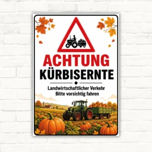 Achtung Kürbisernte Schild mit rotem Warnsymbol, Traktor und Kürbisfeld als bedrucktes Hinweisschild.