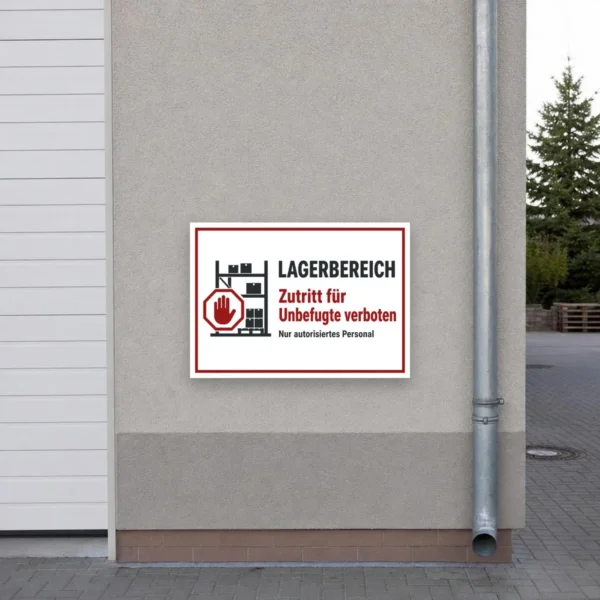 KI-generiertes Anwendungsbeispiel: Lagerbereich Zutritt für Unbefugte verboten Aufkleber an einer hellen Lagertür mit rotem Warnsymbol.