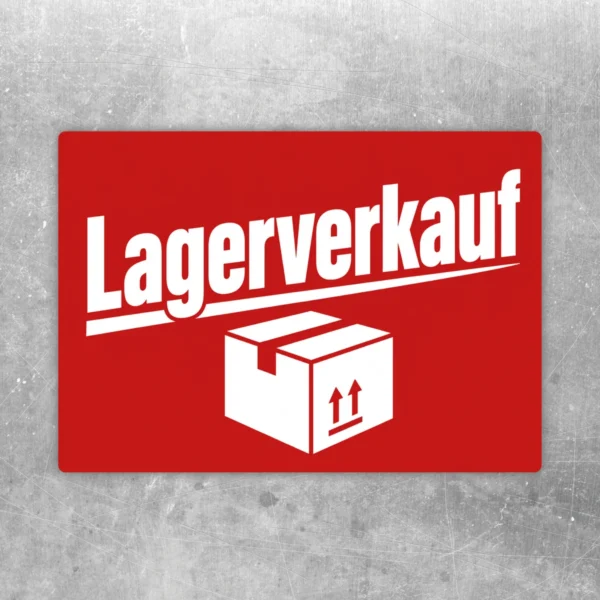 Roter Lagerverkauf Aufkleber mit weißer Schrift und Paketmotiv für Aktionen im Einzelhandel.