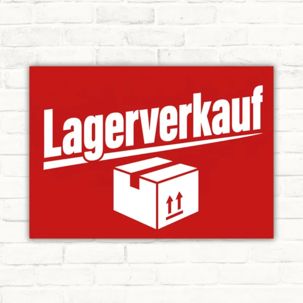 Rotes Lagerverkauf Werbeschild mit weißem Schriftzug und Kartonsymbol, als Verkaufsschild im Querformat.
