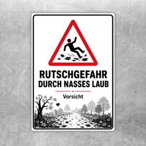 Rutschgefahr durch nasses Laub Aufkleber mit Warnsymbol, Sturzfigur und Herbstlaub in Rot, Schwarz und Grau.