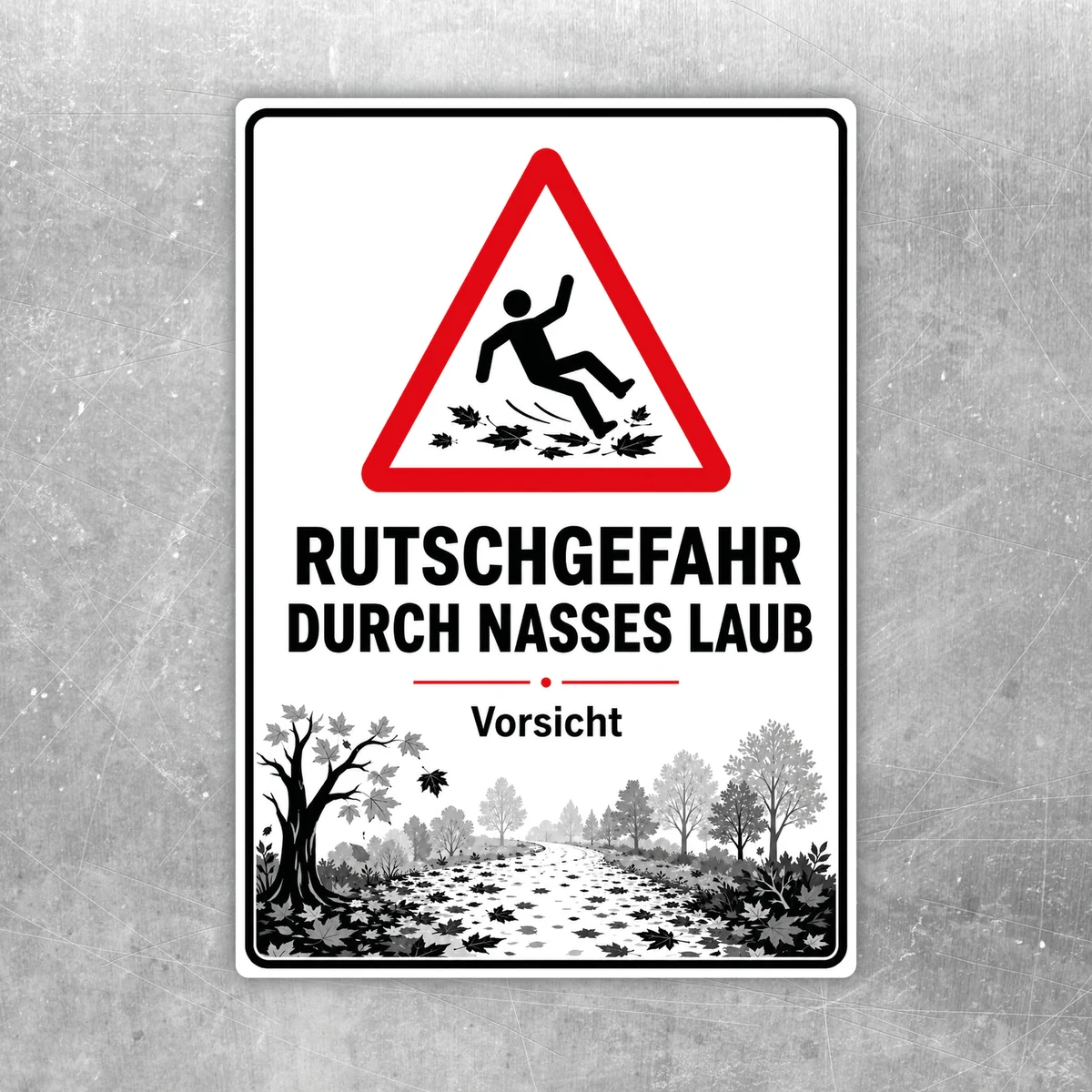 Rutschgefahr durch nasses Laub Aufkleber mit Warnsymbol, Sturzfigur und Herbstlaub in Rot, Schwarz und Grau.